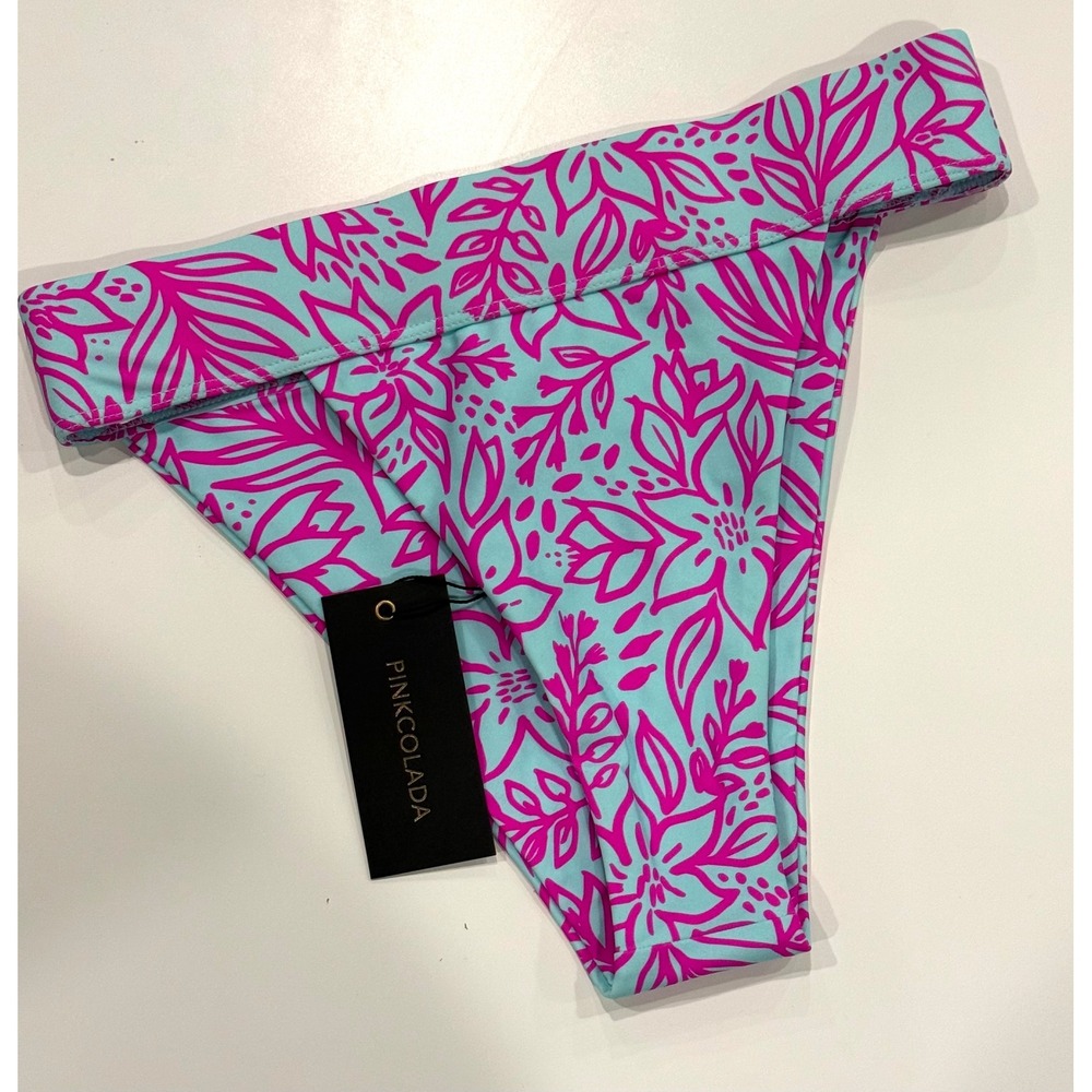 Pinkcolada Women Tropical Floral Bikini‎ Bottoms Aqua Pink High Cut Size M NEW